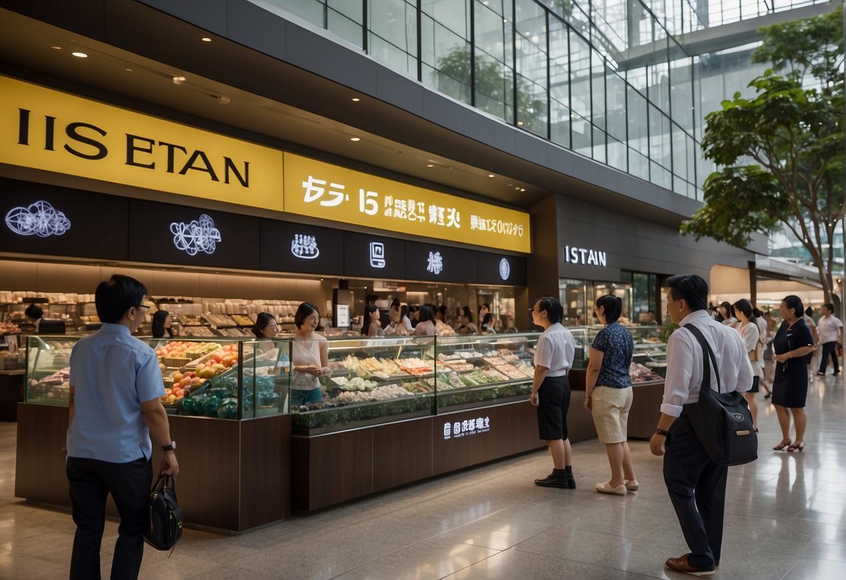 Customers engage with Isetan promotions in Singapore. Support staff assist shoppers. Bright signage and displays attract attention