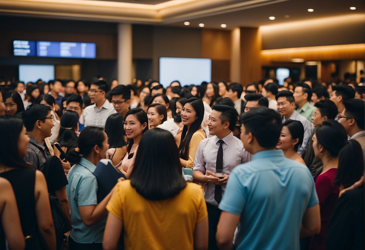 A group of people lining up to ask questions at a Lawry's promotions event in Singapore. The crowd is eager and engaged, with banners and promotional materials visible in the background