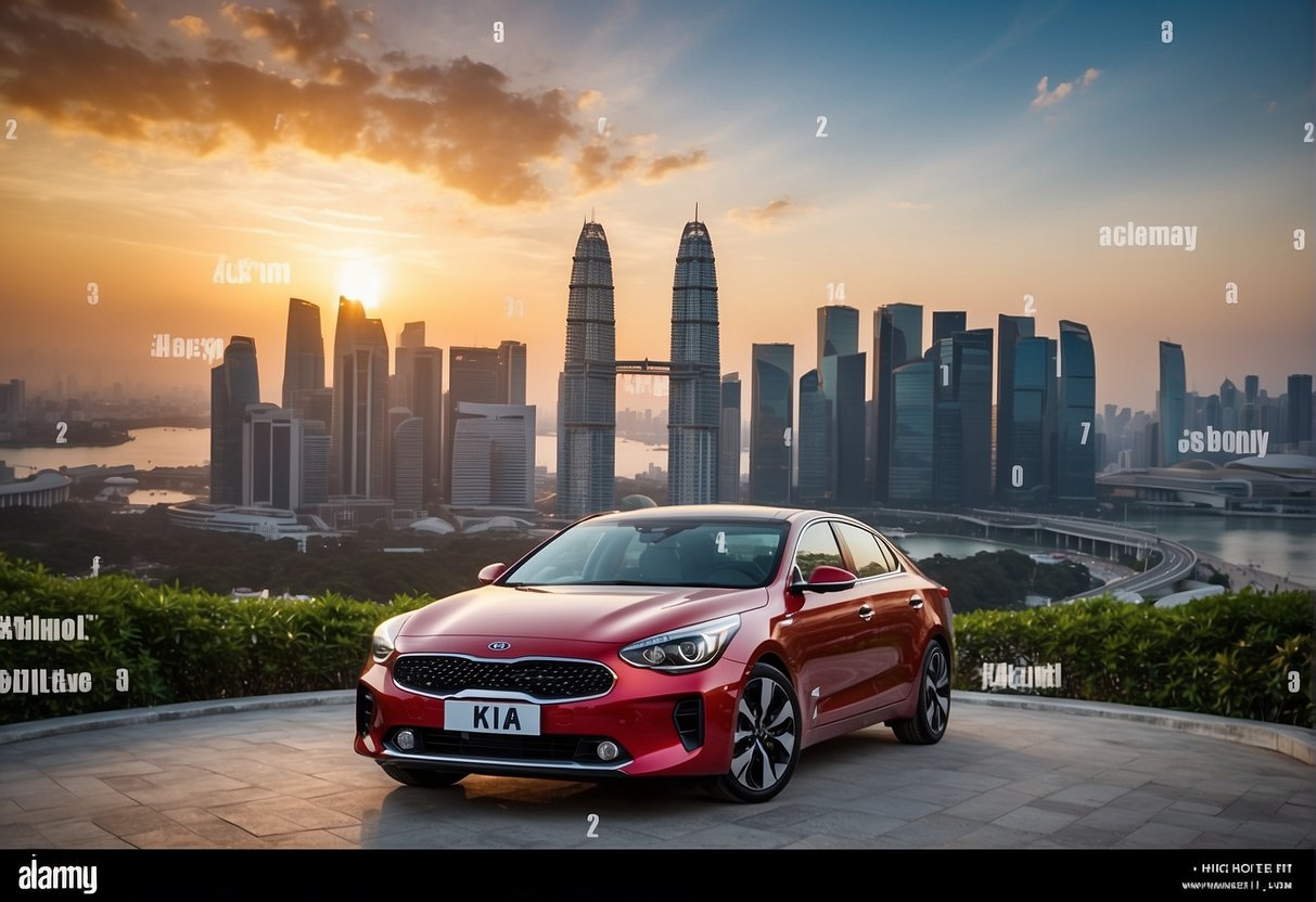 A colorful display of Kia promotion materials with Singapore landmarks in the background