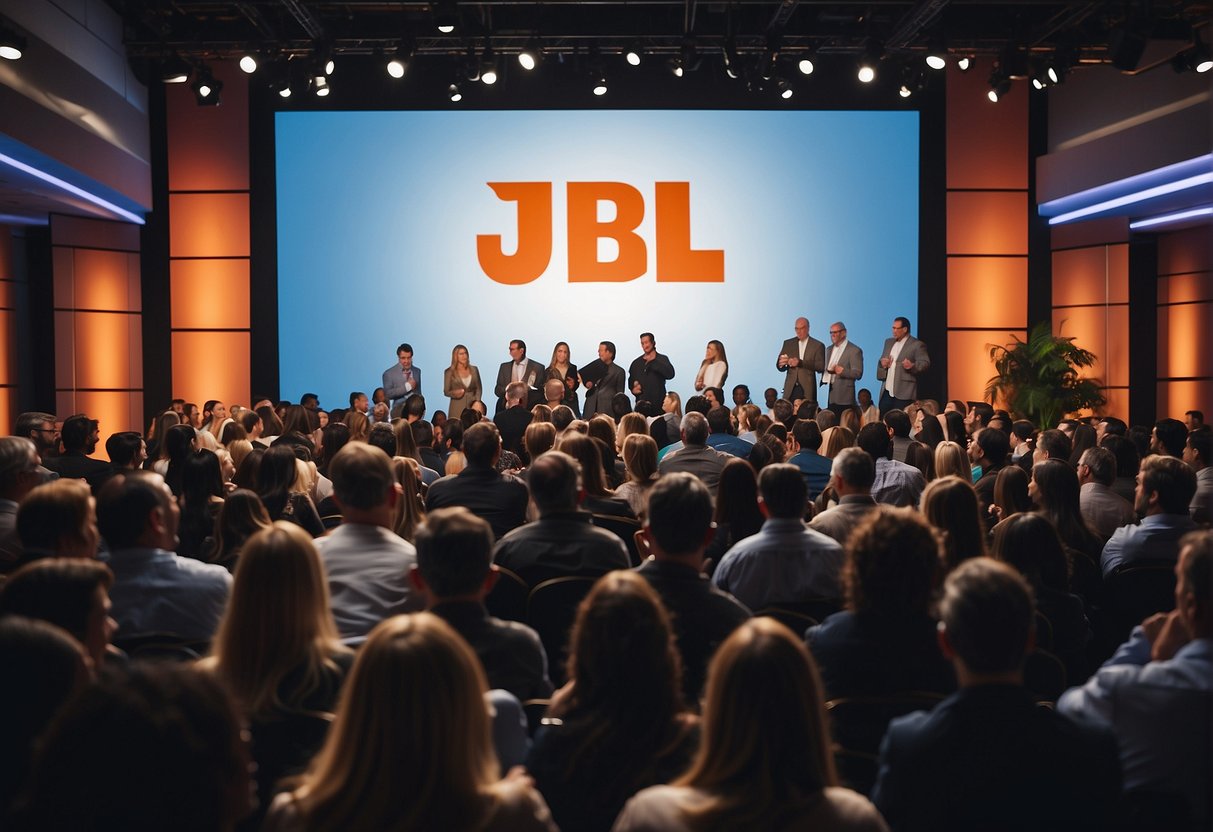 A crowded event space with a prominent JBL logo backdrop, people interacting with promotional materials, and staff answering questions