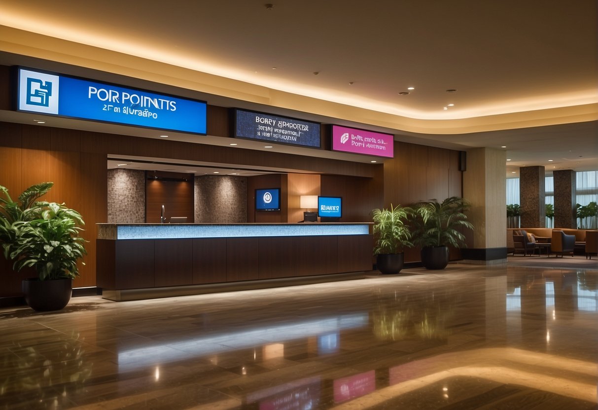 A vibrant hotel lobby with a prominent display showcasing the current promotions at Four Points by Sheraton in Singapore. Bright signage and attractive visuals draw in potential guests