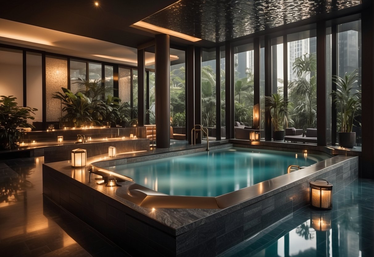 A luxurious spa in Singapore with elegant decor, soft lighting, and a serene atmosphere