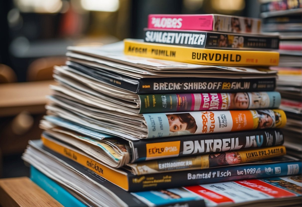 Colorful magazine covers stack with bold text "Exciting Subscription Offers" surrounded by promotional banners and discount stickers