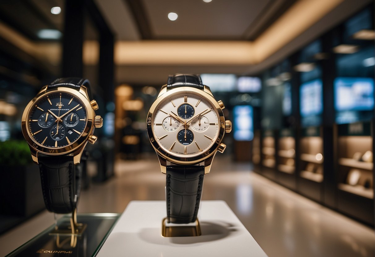 A display of luxury watches with prominent "Watches of Switzerland" branding, surrounded by promotional signage in a sleek Singaporean retail setting