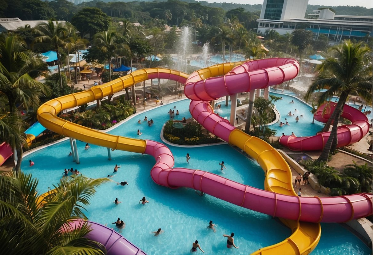 A lively water park with colorful slides, pools, and excited visitors enjoying the latest NTUC promotions in Singapore
