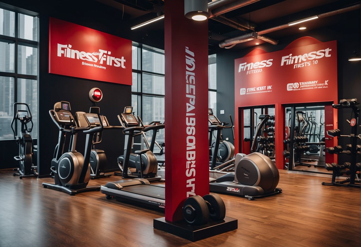 A vibrant gym setting with the Fitness First logo prominently displayed, surrounded by sleek exercise equipment and promotional banners for exclusive 2024 fitness promotions in Singapore