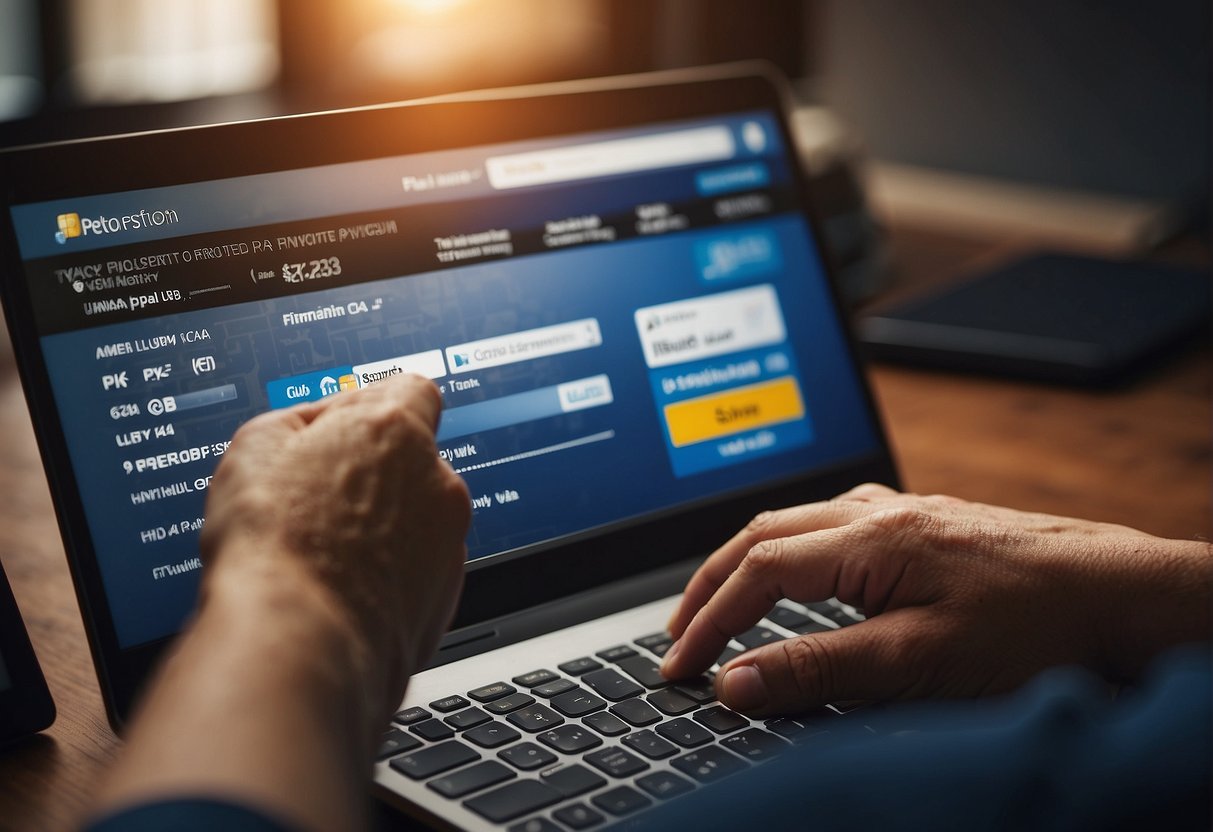 A hand placing a credit card into a secure payment portal while a privacy policy document is displayed on a computer screen