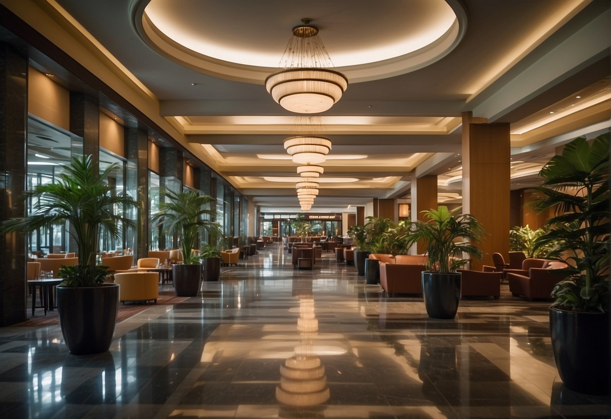 A bustling hotel lobby with prominent signage advertising "Focused Hotel Deals and Highlights" and "Four Points by Sheraton Promotions Singapore."