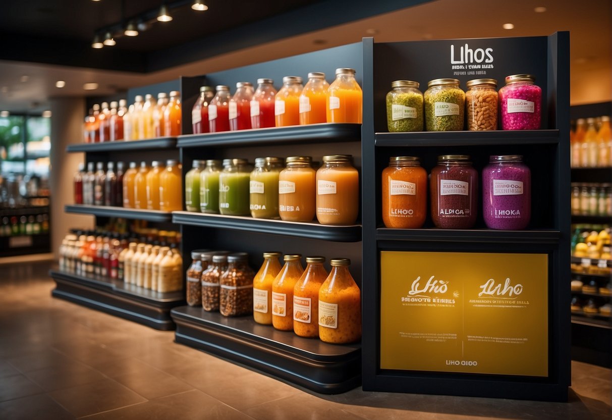 A vibrant display of Liho's Beverage Blends, featuring colorful fruit teas and refreshing smoothies, with prominent signage for ongoing promotions in Singapore