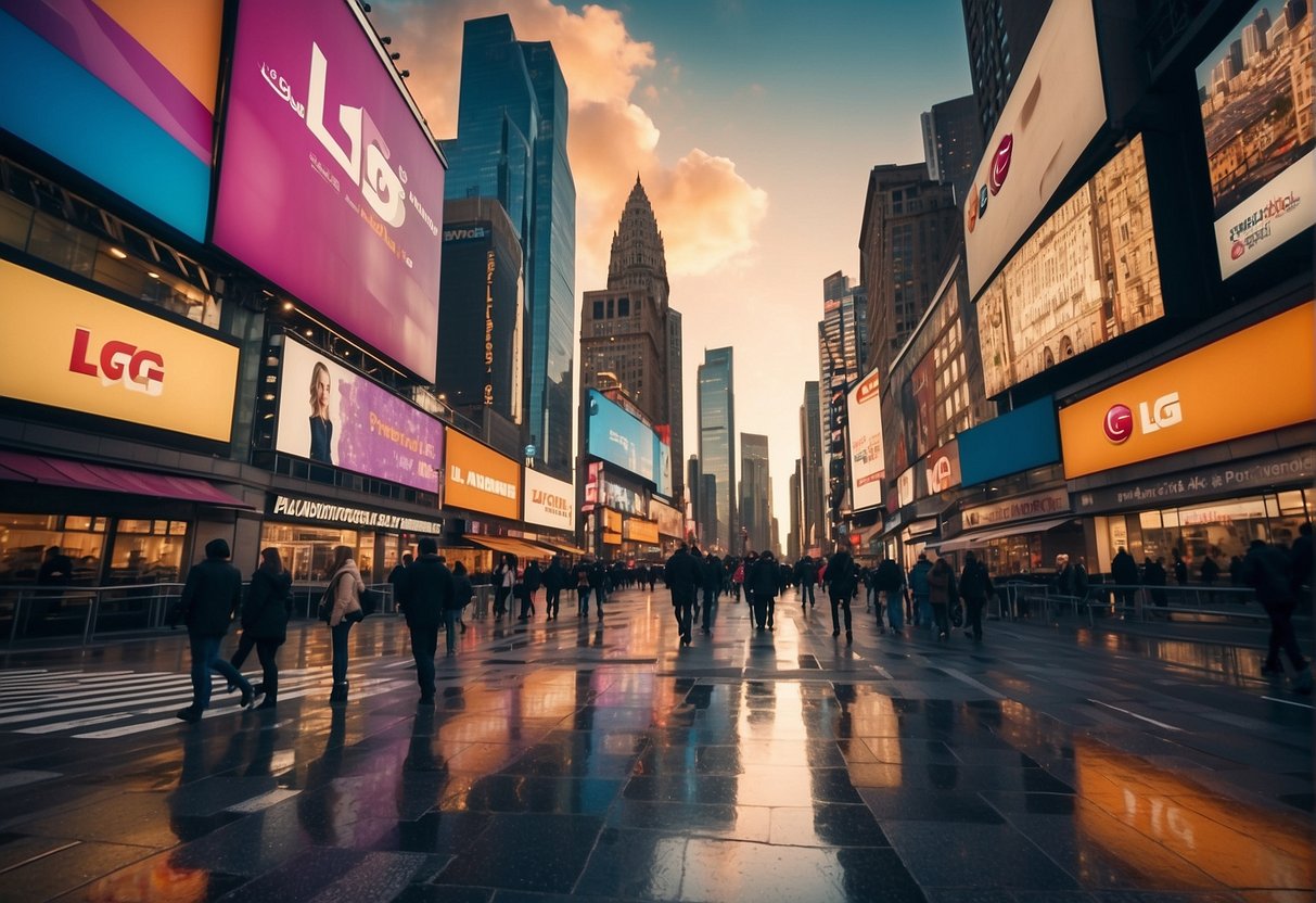 A vibrant cityscape with iconic landmarks and bustling streets, featuring LG promotions displayed prominently in various storefronts and digital billboards
