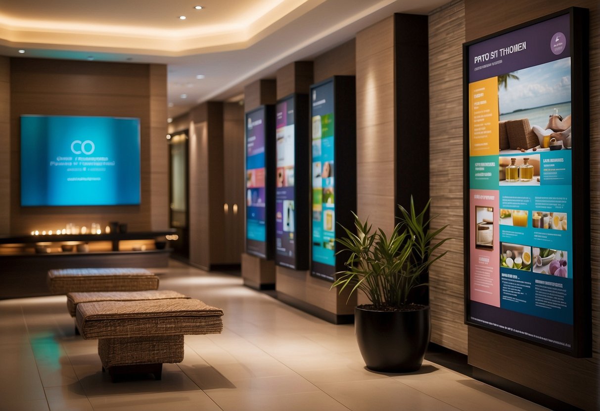 A colorful poster displays "Current Spa Promotions in Singapore" with images of relaxing spa treatments and special offers