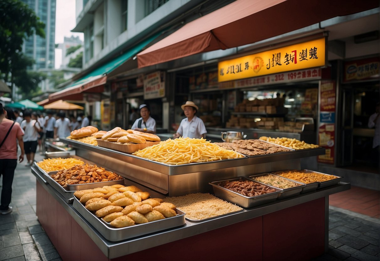 A bustling street in Singapore with a vibrant display of Long John Silver's promotions, featuring colorful signage and enticing food images