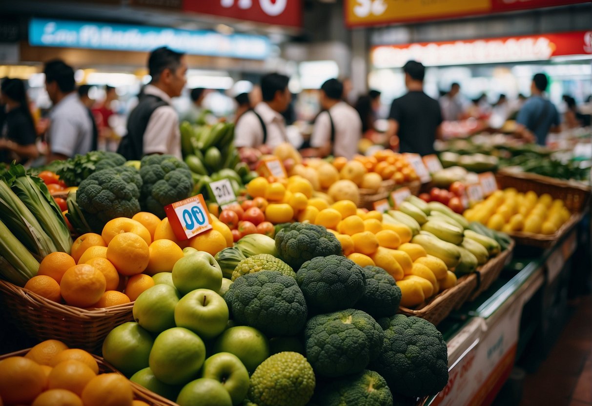 Colorful NTUC promotions displayed with fresh food and shopping deals at a busy Singapore market