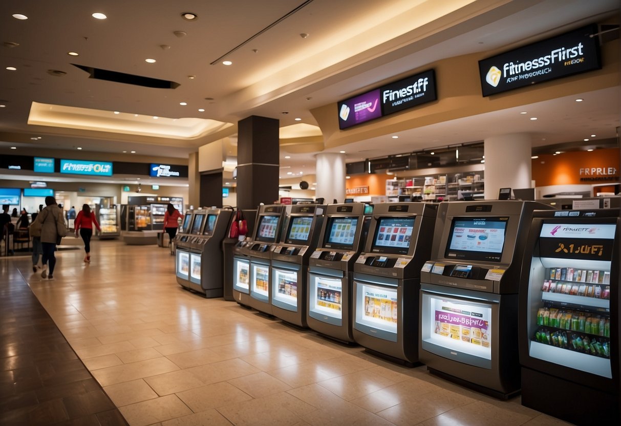 Brightly lit Premier Outlets with prominent fitnessfirst promotions signage. Shoppers carrying bags, enjoying discounts