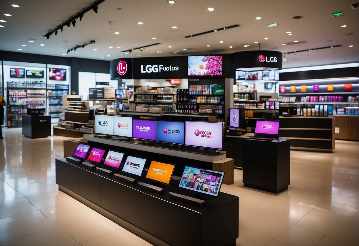 A vibrant display of LG products with promotional signage and logos at a retail store in Singapore