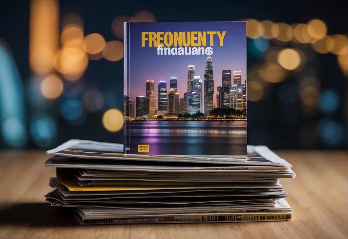A stack of "Frequently Asked Questions" magazines with subscription promotions, set against the backdrop of Singapore's iconic skyline