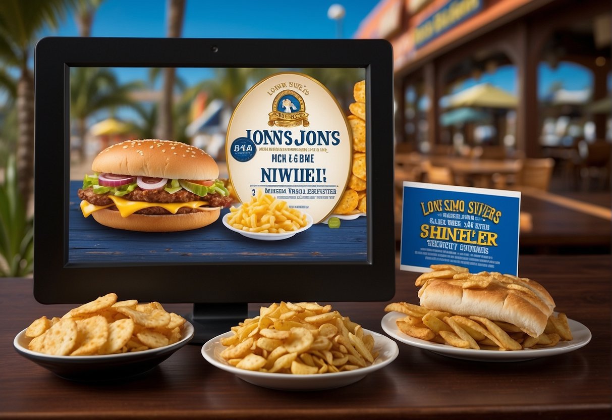 A colorful display of Long John Silver's promotions, featuring enticing deals and offers, set against a nautical-themed backdrop
