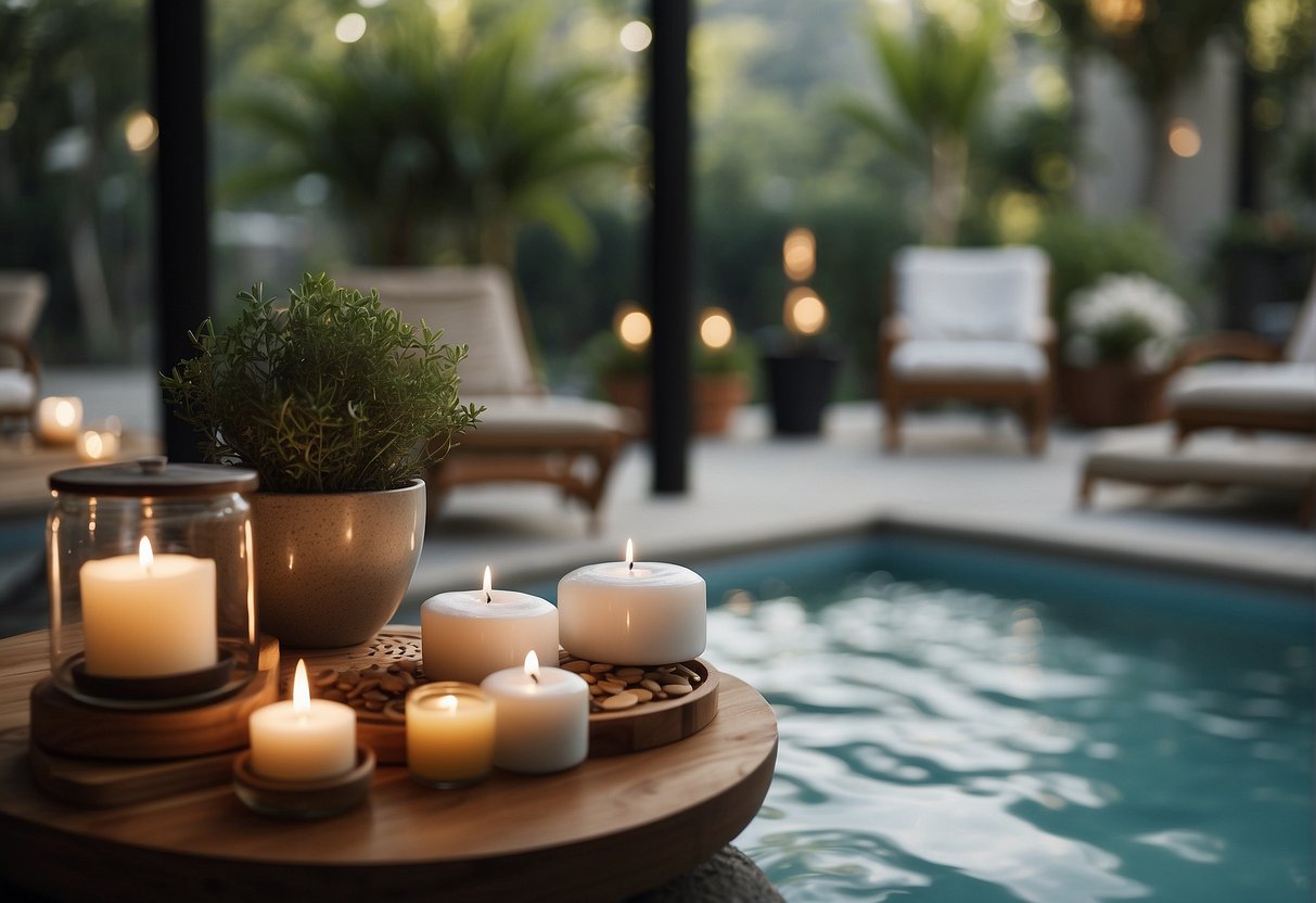 A serene spa setting with promotional signs and relaxing decor