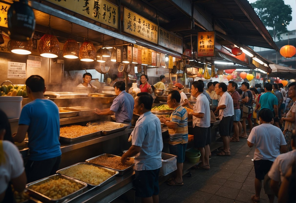 A bustling hawker center with colorful stalls serving a variety of Singaporean dishes. Long John Silver's promotions displayed prominently