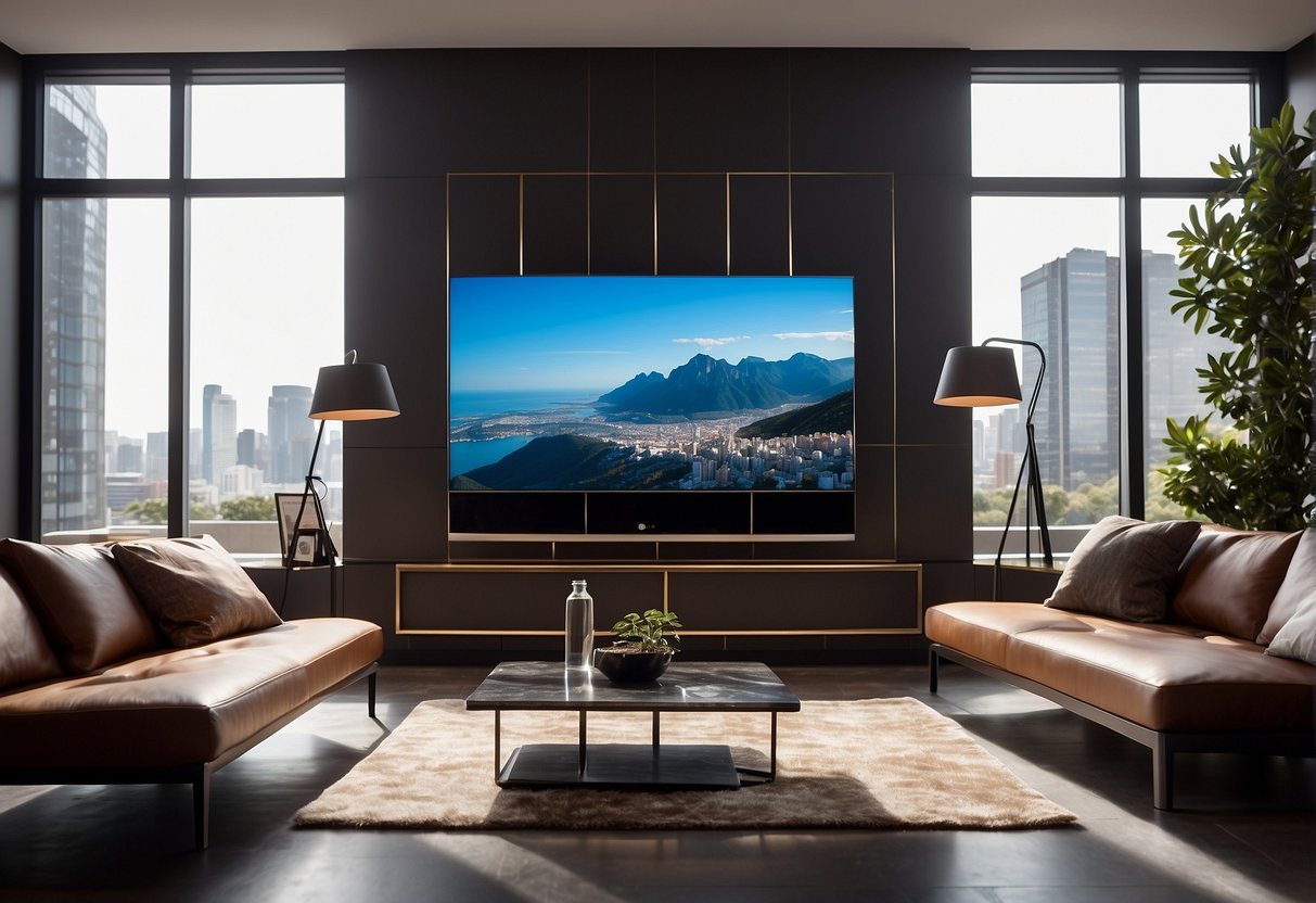 A sleek LG TV mounted on a wall, surrounded by high-quality speakers and a comfortable seating area, with a remote control and promotional banners displayed nearby