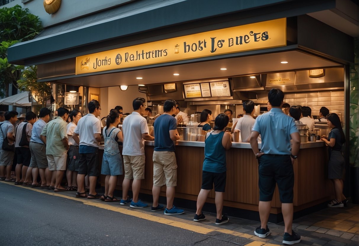 A crowded Long John Silver's restaurant in Singapore with customers lining up for promotions
