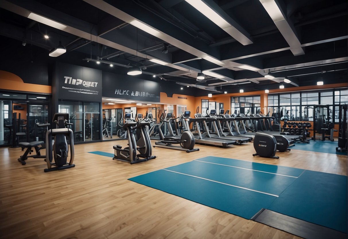 A vibrant gym setting with promotional banners, fitness equipment, and a reception desk with staff assisting customers