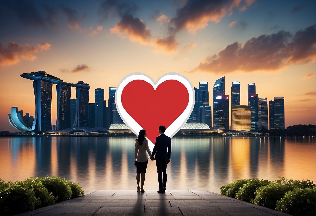 A couple embraces under a backdrop of the Singapore skyline, with a heart-shaped flag flying high, symbolizing love and bravery promotions