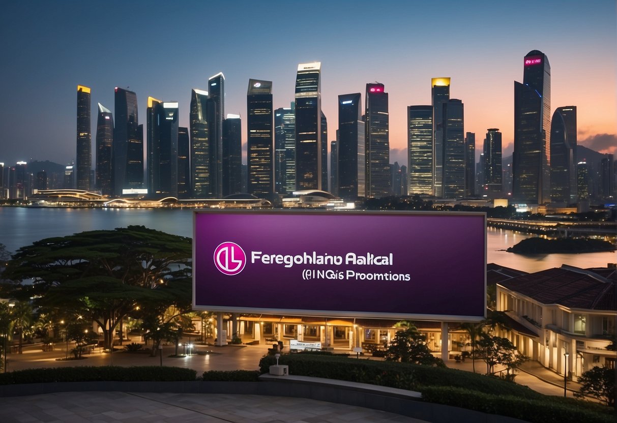 A colorful banner with "Frequently Asked Questions" and LG promotions logo, set against a Singaporean cityscape backdrop