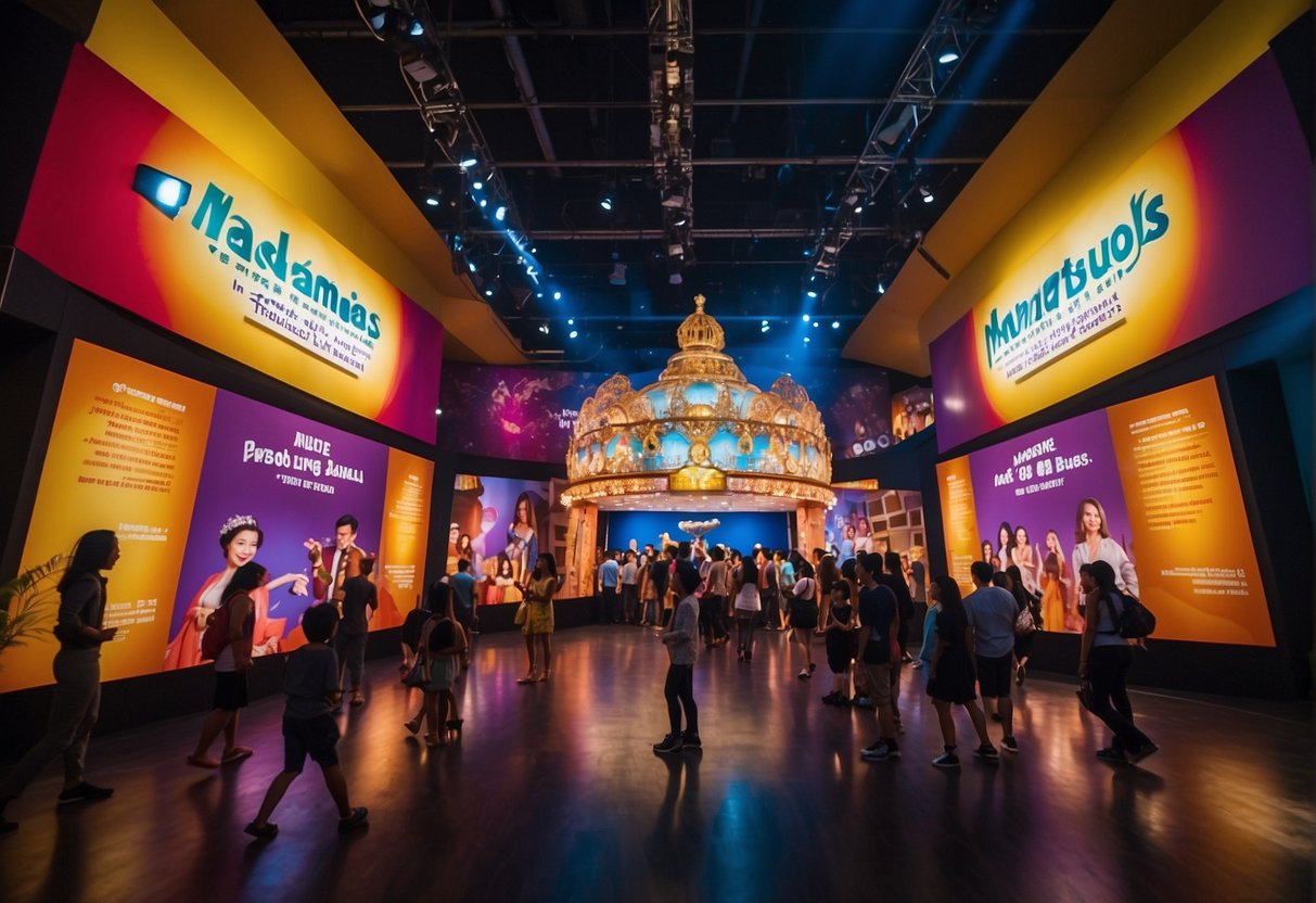 Madame Tussauds Singapore promotions: A bustling crowd, colorful banners, and interactive displays attract visitors to the iconic wax museum