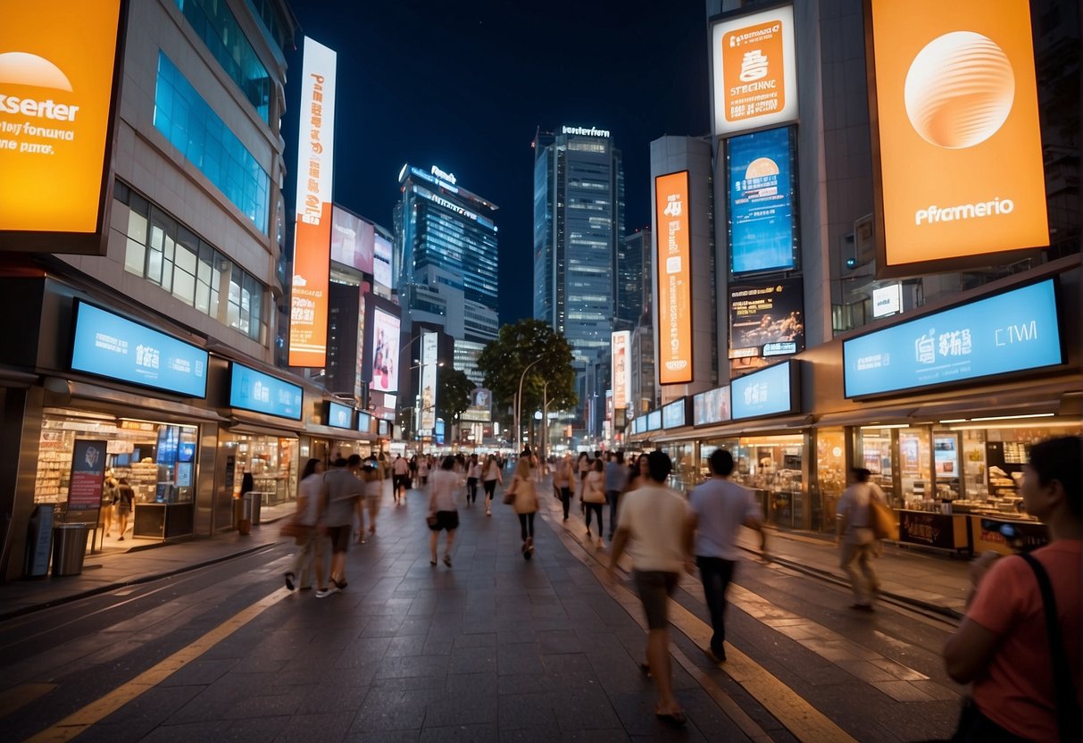 A bustling city street with colorful billboards and storefronts, featuring prominent "Mastercard Promotions Singapore" signage