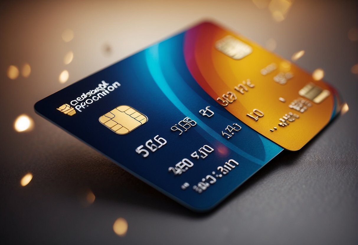 A vibrant credit card with "Latest Promotions" text surrounded by various discount icons and a bold Mastercard logo