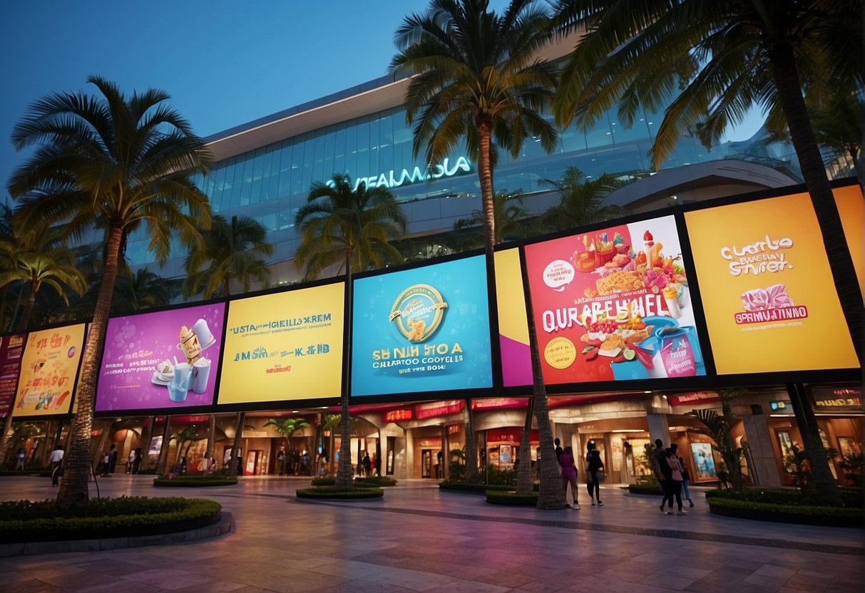 Colorful banners and signs advertising springtime deals at Sentosa Attractions, including Madame Tussauds promotions in Singapore