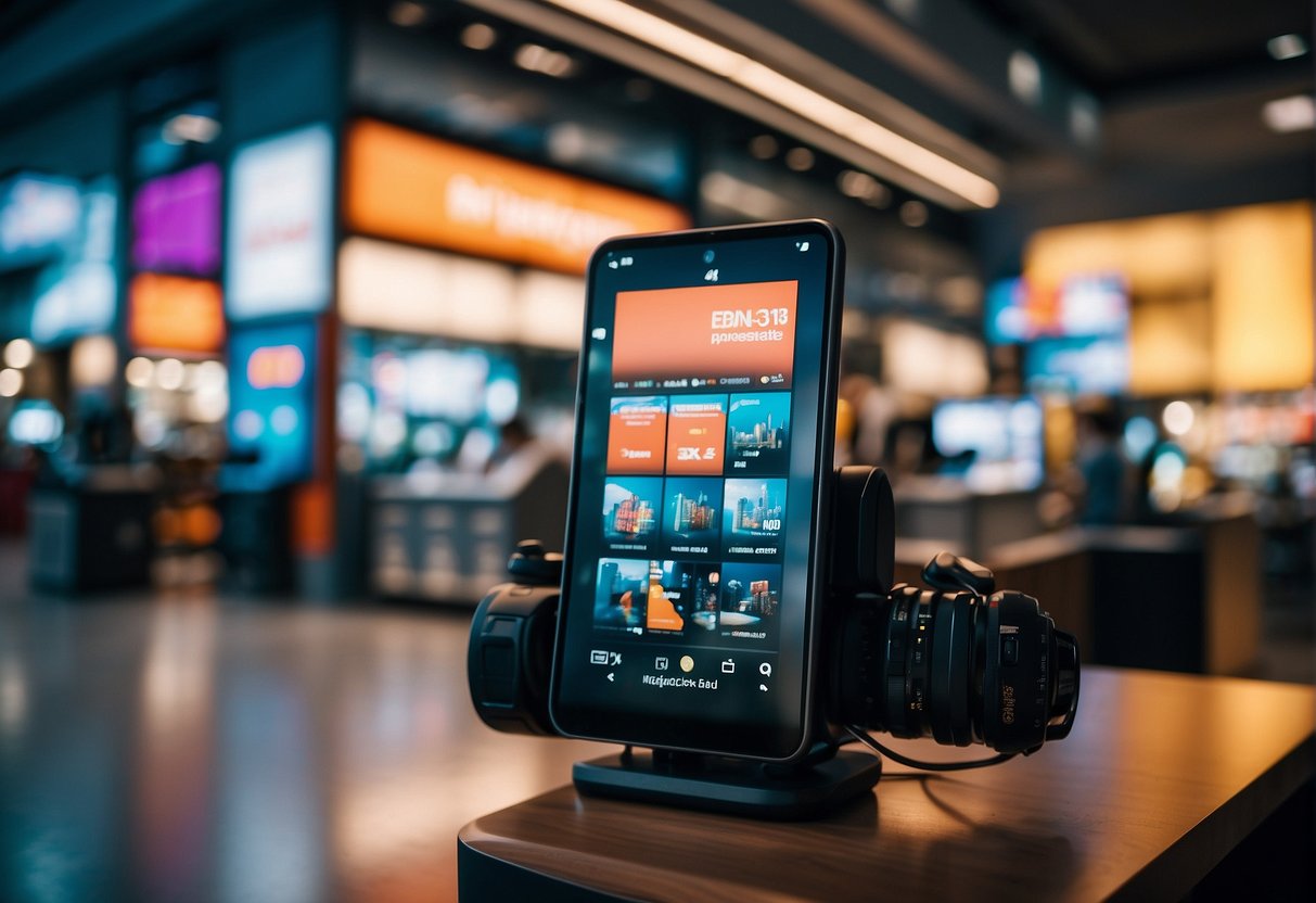 A colorful display of high-tech gadgets with promotional signage, exuding an atmosphere of excitement and bravery in a Singaporean retail setting