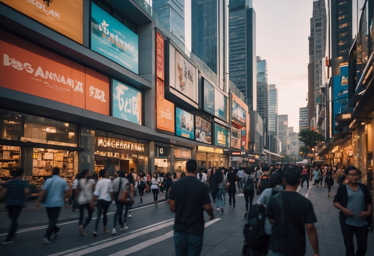 A bustling city street with Magearna posters adorning the walls, surrounded by vibrant, modern architecture and bustling with people and activity