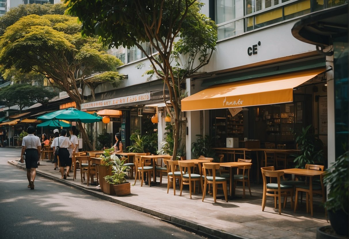 A vibrant cafe in Singapore with colorful promotional displays and a welcoming atmosphere. The signage and decor exude a lively and inviting energy, drawing in passersby