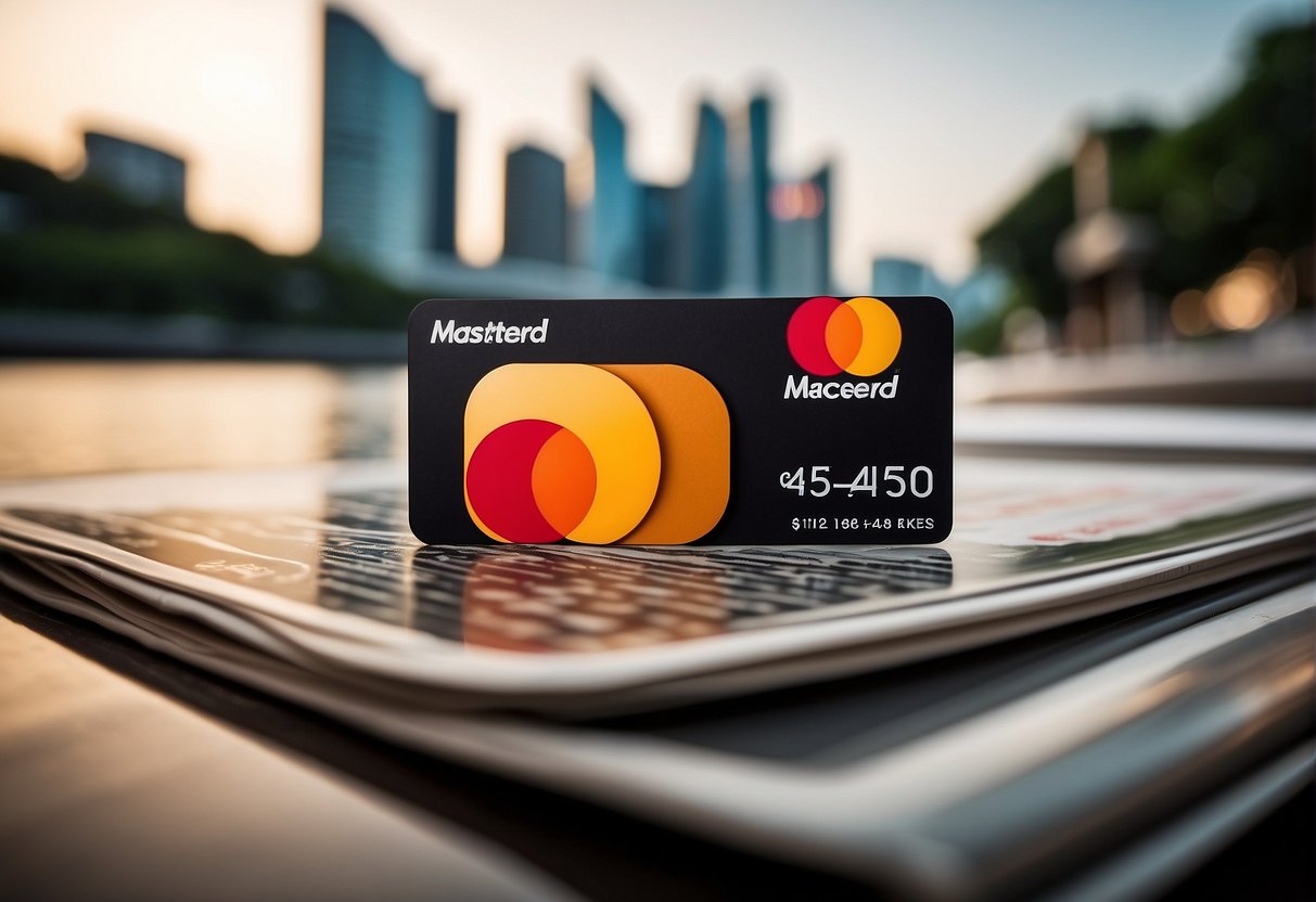 A stack of Mastercard promotional materials displayed against a backdrop of iconic Singapore landmarks