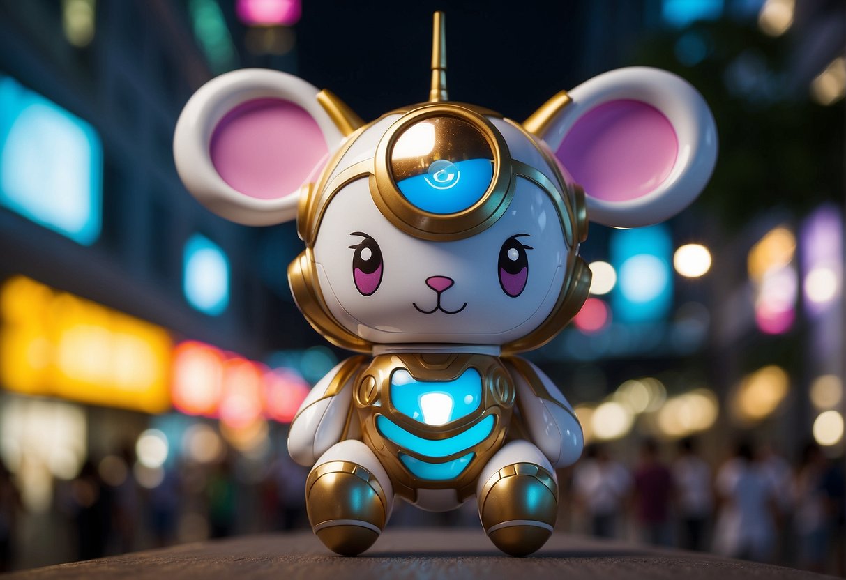 Magearna floats above the bustling streets of Singapore, surrounded by a radiant glow. Brightly colored promotional banners and signs adorn the buildings, showcasing the latest Magearna products