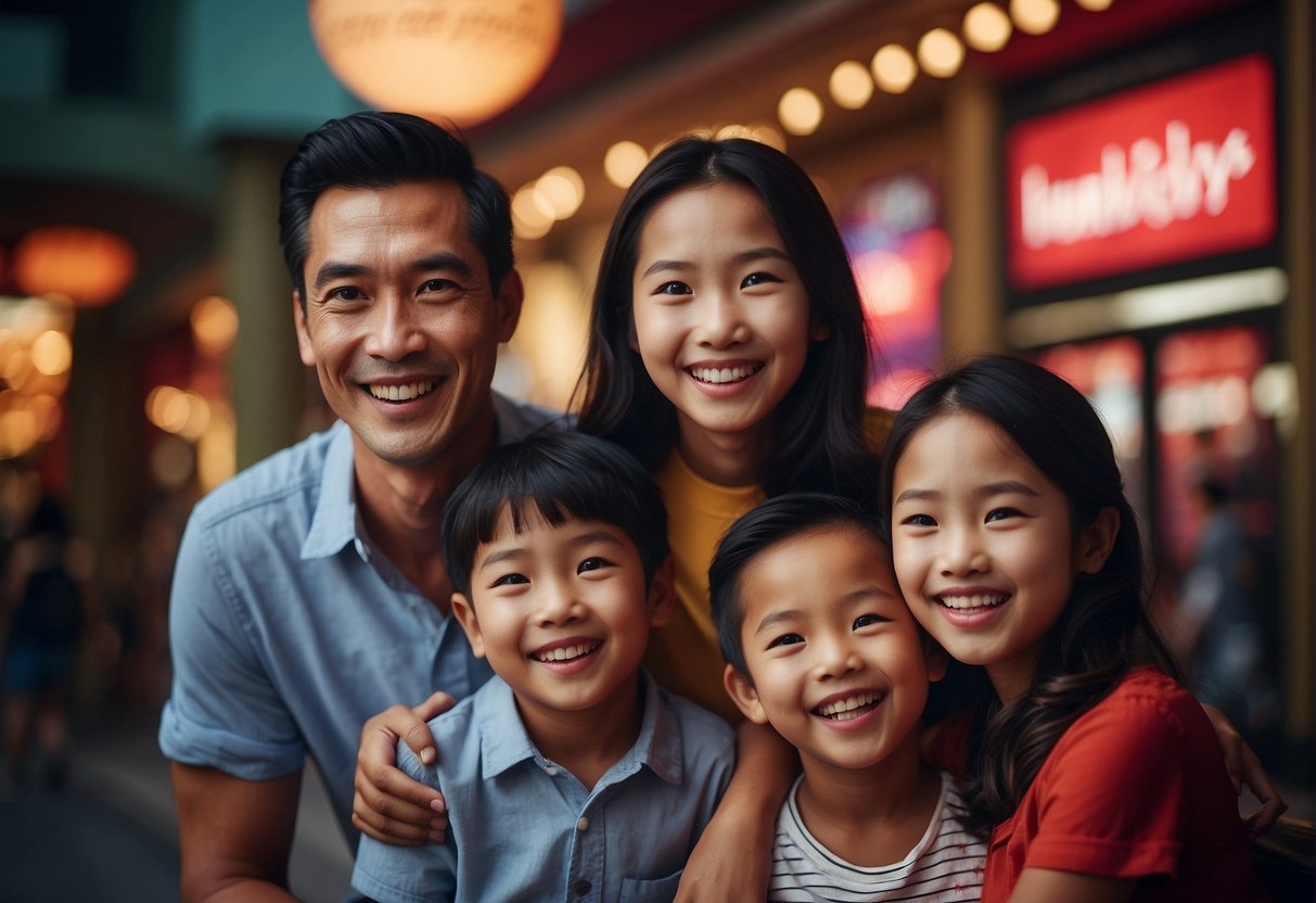 A family enjoying discounted tickets to Madame Tussauds in Singapore, with bright signage and happy faces