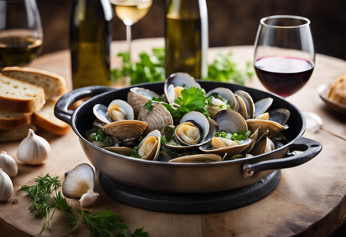 Clams sizzling in a pot of white wine with garlic and herbs, steam rising, surrounded by crusty bread and a glass of wine