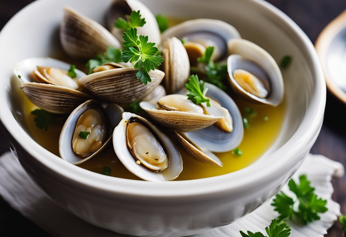 Fresh clams are being cleaned and soaked in white wine, while garlic and herbs are being minced for the recipe