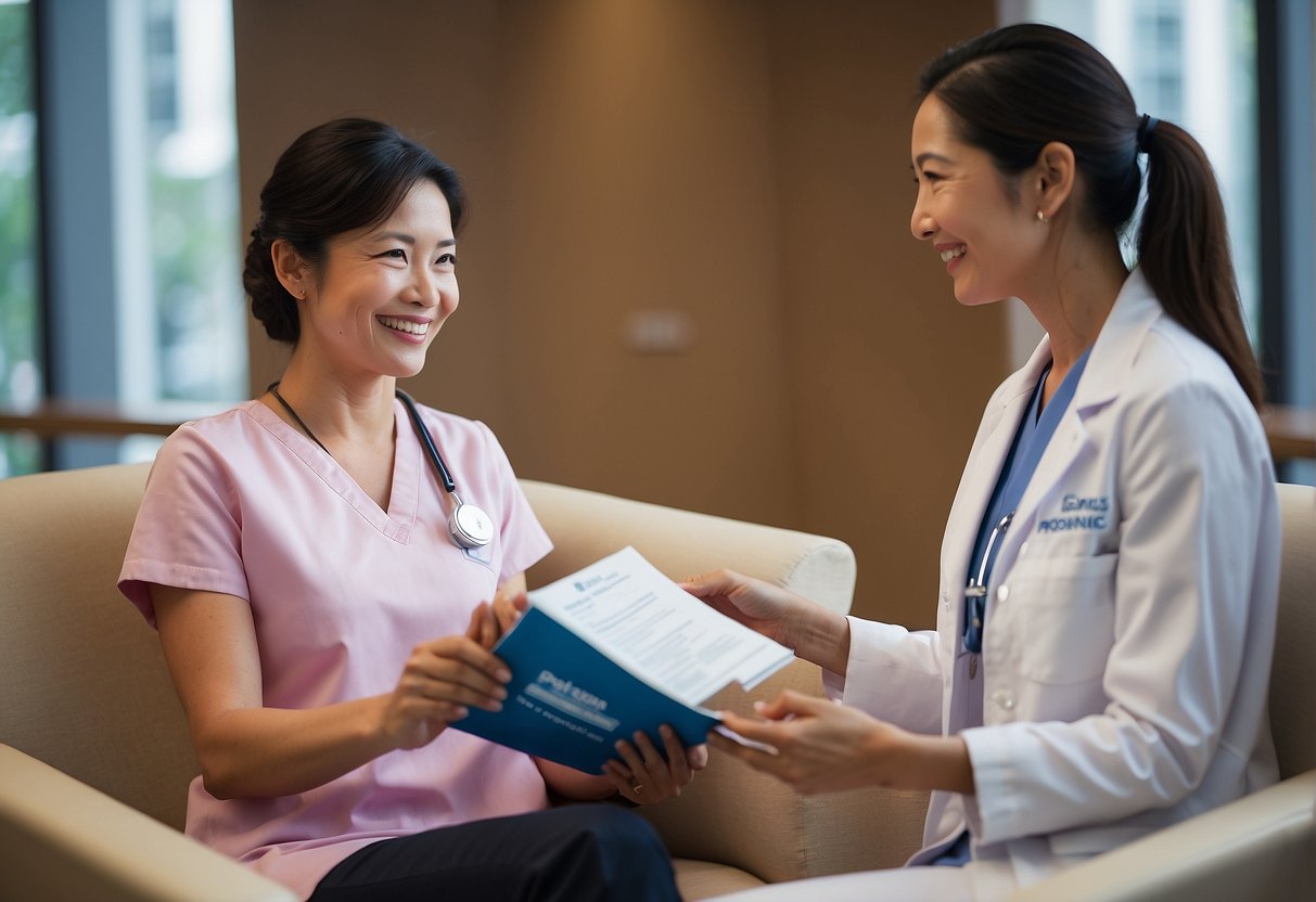 A woman sitting in a comfortable chair, smiling as she holds a pamphlet about mammogram promotions in Singapore. A friendly nurse stands nearby, ready to answer any questions