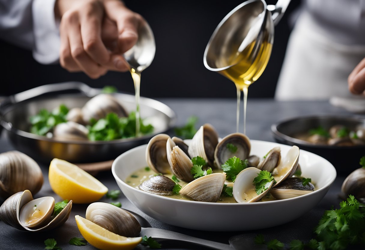 Clams simmer in white wine sauce, steam rising. A hand holds a ladle, serving the dish onto a plate with a sprinkle of parsley