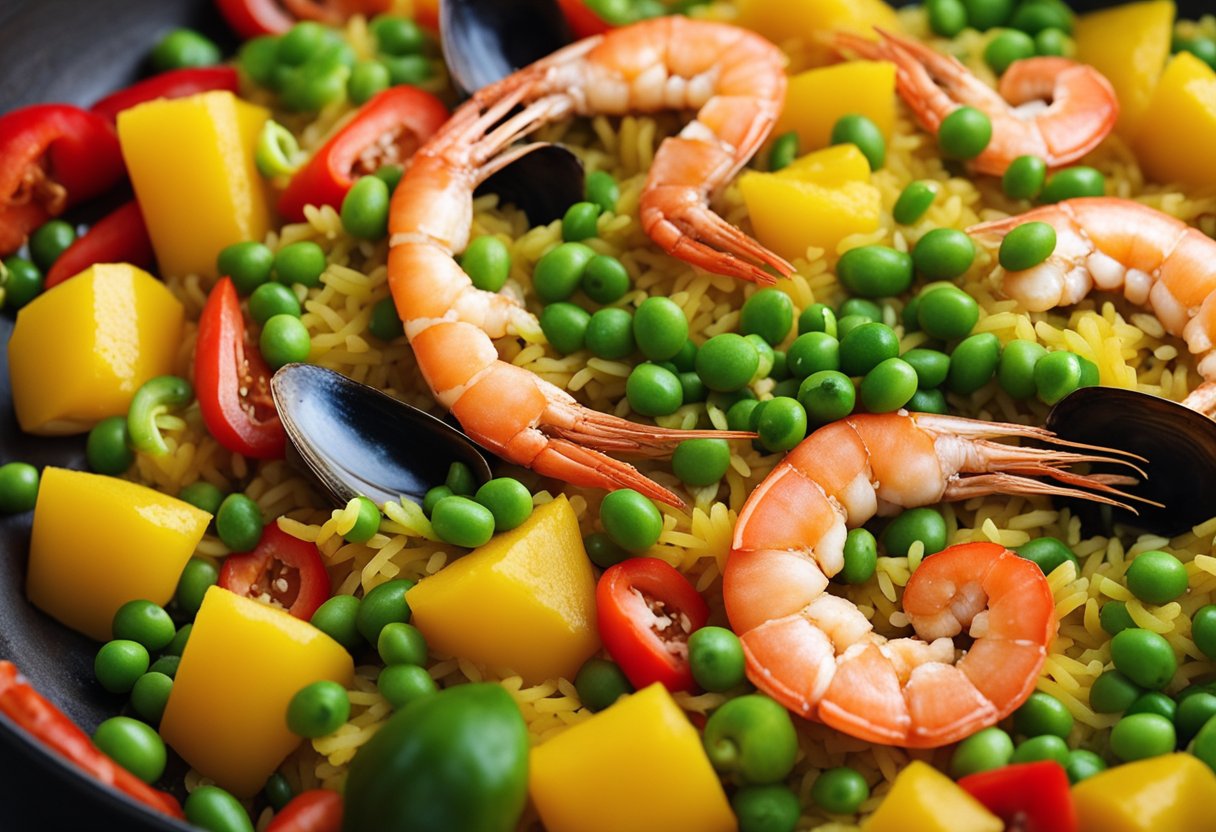 A large pan filled with vibrant yellow rice, mixed with various seafood such as shrimp, mussels, and squid, topped with colorful bell peppers and peas