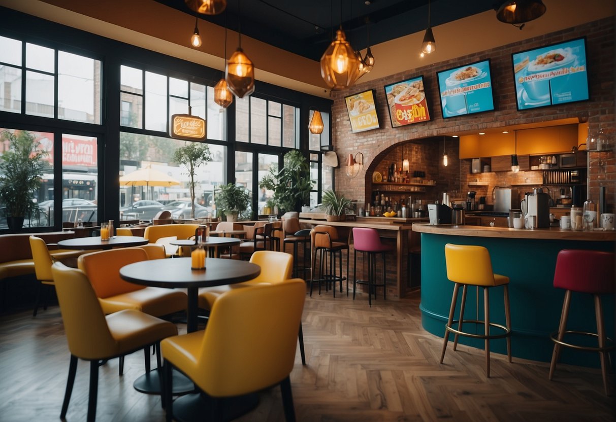 The scene features a vibrant cafe setting with colorful promotional posters and a variety of dining experiences, including delicious food and drinks