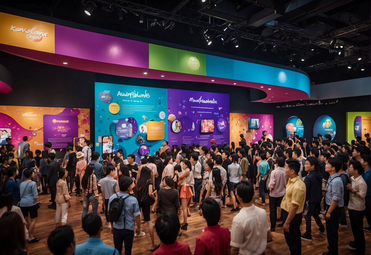 A bustling crowd surrounds a vibrant promotional display at Madame Tussauds Singapore, with colorful signs and interactive exhibits drawing in curious onlookers