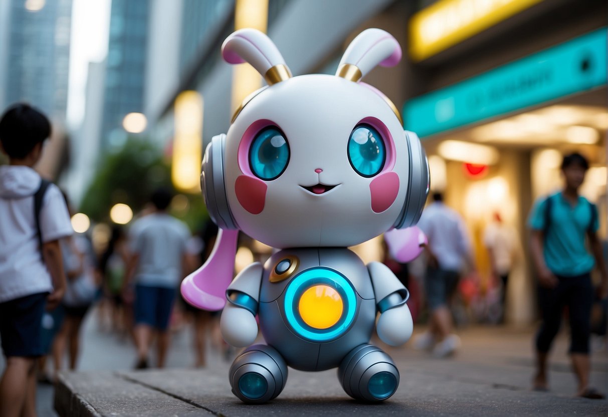 Magearna, the mythical Pokemon, interacts with excited fans in a bustling Singapore street. The colorful, futuristic setting features Pokemon-themed decorations and interactive displays