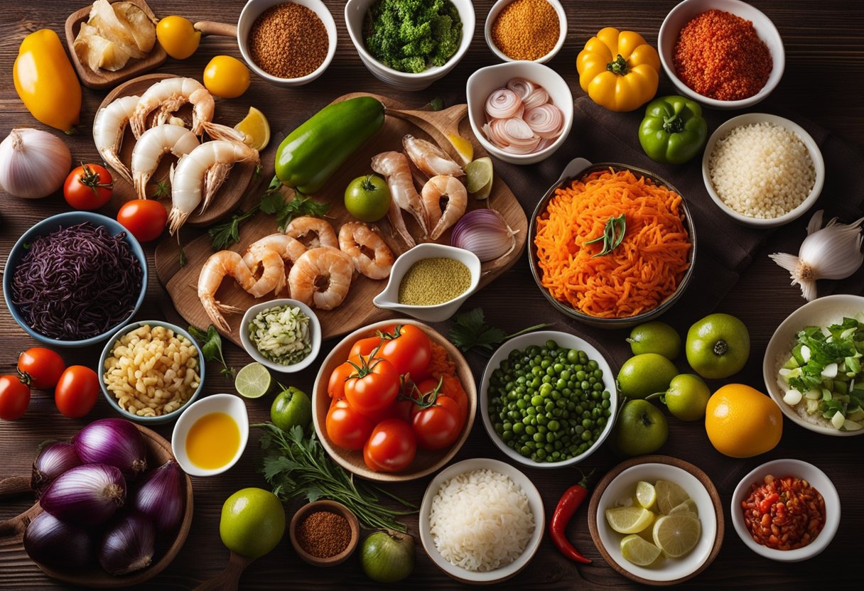 A spread of fresh seafood, rice, saffron, tomatoes, onions, and peppers on a wooden table, with various substitution options nearby