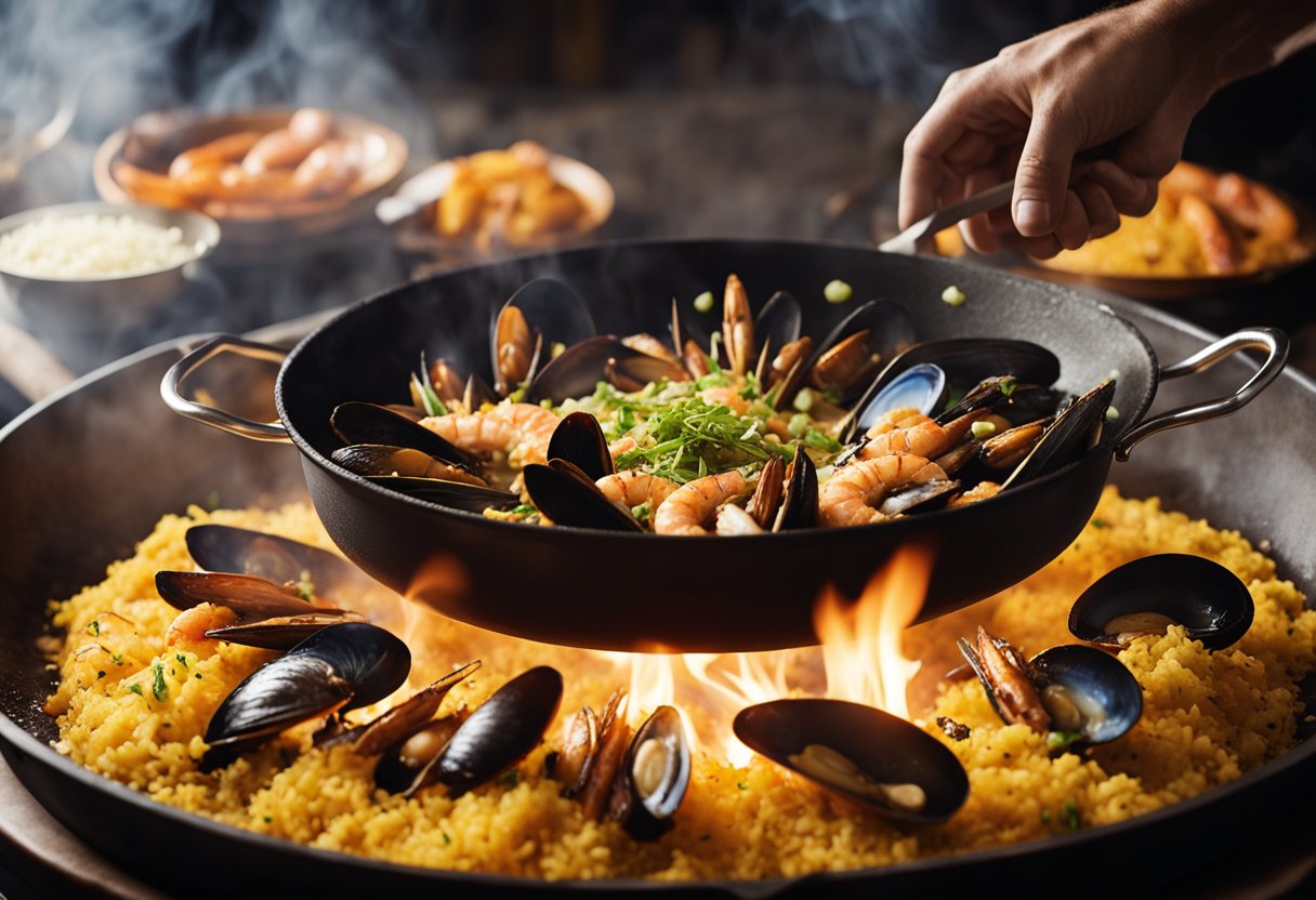 A large paella pan sizzles over open flames, as a chef adds saffron-infused broth to a mound of rice, shrimp, mussels, and chorizo