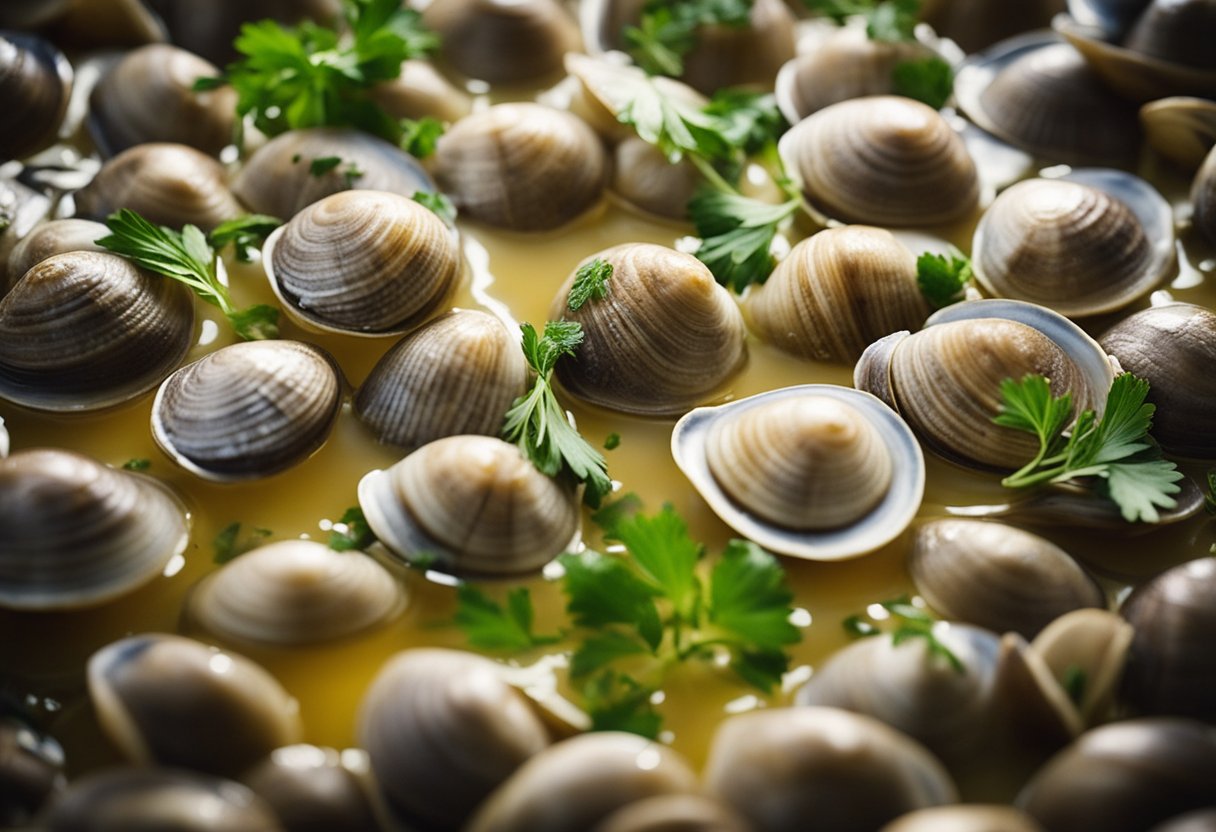 Clams simmer in white wine with garlic and herbs