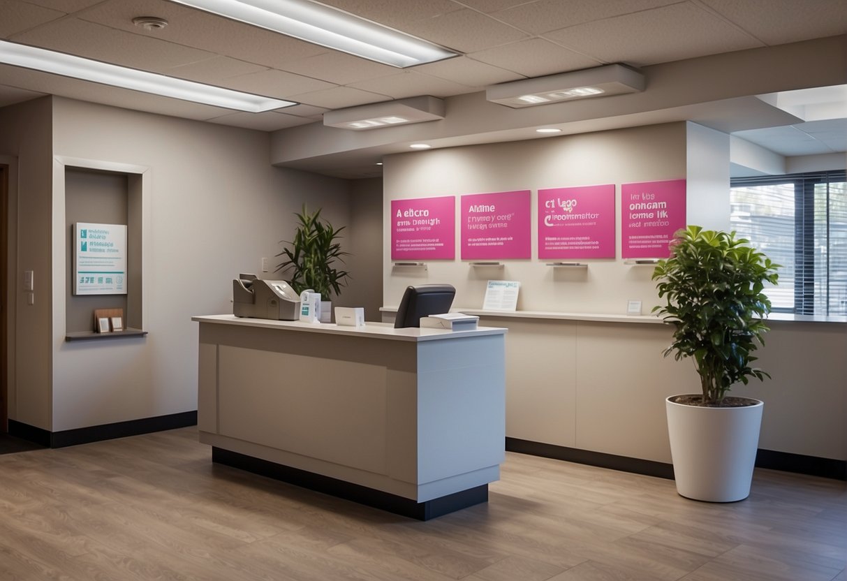 A bright and inviting clinic setting with a prominent display of mammogram promotion posters and brochures. A friendly receptionist welcomes patients at the front desk
